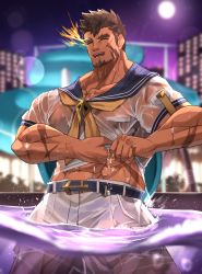 Rule 34 | 1boy, abs, bara, beard, bellsaltr, blurry, blurry background, brown hair, city, city lights, closed eyes, facial hair, fire, heracles (housamo), highres, in water, large pectorals, leather, leather belt, male focus, manly, mature male, moon, moonlight, muscular, muscular male, night, night sky, nipples, open mouth, outdoors, pants, pectorals, scar, scar on arm, scar on face, scared, see-through, see-through shirt, shirt, short sleeves, shorts, sky, smile, solo, sparkle, teeth, tokyo houkago summoners, tongue, uniform, water, wet, wet clothes