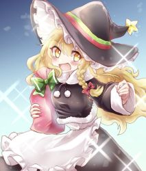 Rule 34 | 1girl, :d, apron, black dress, black hat, blonde hair, braid, christmas, commentary, diffraction spikes, dress, frilled apron, frills, fur-trimmed dress, fur trim, gift, hair ribbon, hat, hat ornament, highres, holding, holding gift, kirisame marisa, long dress, long hair, long sleeves, looking at viewer, mochi547, open mouth, red ribbon, ribbon, single braid, smile, solo, sparkle, standing, star (symbol), star hat ornament, touhou, waist apron, white apron, witch hat, yellow eyes