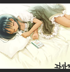 Rule 34 | 1girl, bare legs, bed, bed sheet, black hair, breasts, cleavage, collarbone, dress, from above, green dress, letterboxed, lying, mimukamu, on bed, on side, original, puffy short sleeves, puffy sleeves, short hair, short sleeves, sleeping, solo