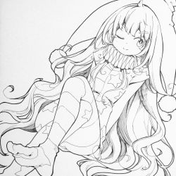 Rule 34 | 1girl, ;), american flag dress, american flag legwear, clownpiece, commentary, dress, feet, greyscale, hat, highres, jester cap, knee up, lineart, long hair, looking away, monochrome, namauni, neck ruff, no shoes, one eye closed, pantyhose, short dress, short sleeves, sideways glance, smile, solo, star (symbol), star print, striped, thick eyebrows, touhou, very long hair, wavy hair