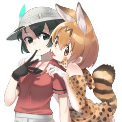 Rule 34 | 2girls, animal ears, bad id, bad pixiv id, bare shoulders, black gloves, blonde hair, blush, bow, bowtie, cheek-to-cheek, elbow gloves, gloves, hands on another&#039;s shoulders, heads together, helmet, highres, kaban (kemono friends), kemono friends, multiple girls, pith helmet, red shirt, sakoku (rh ty ks), serval (kemono friends), serval print, serval tail, shirt, tail, tongue, tongue out