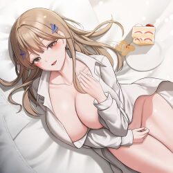 Rule 34 | 1girl, absurdres, bed sheet, breasts, brown eyes, brown hair, cake, collarbone, commentary, doenji (auto7233), earrings, food, goddess of victory: nikke, hair ornament, highres, jewelry, large breasts, long hair, looking at viewer, lying, no panties, on side, open clothes, open mouth, open shirt, pillow, shirt, smile, solo, thighs, tia (nikke), white shirt