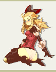 Rule 34 | 1girl, ahoge, armor, ass, black gloves, blonde hair, blue eyes, blush, boots, bow, bravely default: flying fairy, bravely default (series), breasts, daga, edea lee, gauntlets, gloves, green eyes, hair bow, high heel boots, high heels, long hair, panties, pink panties, sitting, small breasts, solo, square enix, thighhighs, underwear, wariza