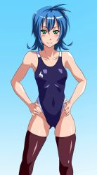 Rule 34 | bad id, bad pixiv id, blue hair, competition swimsuit, green eyes, hands on own hips, one-piece swimsuit, original, short hair, solo, swimsuit, thighhighs, yosiyomogi