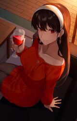 Rule 34 | 1girl, arm support, black hair, breasts, collarbone, commentary, cup, dress, drinking glass, earrings, from above, hair between eyes, hairband, highres, holding, holding cup, indoors, jewelry, large breasts, long hair, long sleeves, looking at viewer, medium breasts, nasubin (nasubisamurai15), off-shoulder sweater, off shoulder, on chair, pantyhose, red dress, red eyes, revision, sitting, smile, solo, spy x family, sunlight, sweater, sweater dress, symbol-only commentary, table, white hairband, wine glass, yor briar