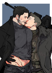 Rule 34 | 2boys, bara, black coat, black hair, black shirt, brown hair, chris redfield, closed eyes, coat, couple, facial hair, gun, highres, holding, holding gun, holding weapon, imminent kiss, kuconoms, large pectorals, looking at another, male focus, midriff peek, multiple boys, muscular, muscular male, open clothes, open coat, pectorals, piers nivans, resident evil, resident evil 6, resident evil village, shirt, short hair, weapon, yaoi