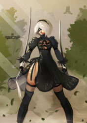 Rule 34 | 1girl, black dress, black hairband, blindfold, boots, cleavage cutout, clothing cutout, dress, dual wielding, feather-trimmed sleeves, hairband, highres, holding, long sleeves, mole, mole under mouth, nier (series), nier:automata, pod (nier:automata), psyk, solo focus, sword, thighhighs, thighhighs under boots, weapon, 2b (nier:automata)
