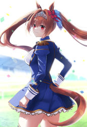 Rule 34 | 1girl, animal ears, blue jacket, blue skirt, blurry, blurry background, blush, bow, breasts, brown hair, closed mouth, commentary request, confetti, daiwa scarlet (umamusume), day, depth of field, epaulettes, eyebrows hidden by hair, hair between eyes, hair bow, hair intakes, highres, horse ears, horse girl, horse tail, jacket, juliet sleeves, large breasts, long hair, long sleeves, natsupa, outdoors, pleated skirt, puffy sleeves, red bow, red eyes, shirt, skirt, solo, tail, tiara, twintails, umamusume, very long hair, white shirt