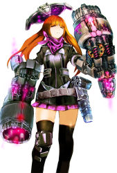 Rule 34 | 1girl, arm cannon, belt, black thighhighs, character request, cyborg, female focus, halo, knee pads, long hair, mechanical arms, mechanical halo, miniskirt, neckerchief, neon trim, orange hair, red eyes, single mechanical arm, skirt, so-bin, solo, thighhighs, twintails, weapon, white background