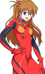 Rule 34 | 1girl, artist request, ass, blue eyes, bodysuit, breasts, brown hair, hairpods, hand on own hip, highres, interface headset, long hair, looking at viewer, medium breasts, neon genesis evangelion, orange hair, pilot suit, plugsuit, red bodysuit, simple background, smile, solo, souryuu asuka langley, two side up, very long hair, white background, wide hips