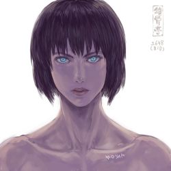 Rule 34 | 1girl, artist logo, black hair, blue eyes, closed mouth, collarbone, completely nude, ghost in the shell, kusanagi motoko, looking at viewer, nude, portrait, short hair, shu-mai, simple background, solo, white background