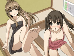 Rule 34 | 00s, 2girls, :o, ahoge, all fours, bare arms, bare legs, barefoot, black dress, black eyes, black hair, blush, breasts, brown hair, chestnut mouth, collarbone, downblouse, dress, dutch angle, feet, female focus, flat chest, foot focus, from below, highres, indoors, legs, long hair, long toenails, looking at viewer, matching hair/eyes, minami-ke, minami chiaki, minami kana, multiple girls, nipple slip, nipples, no bra, open mouth, panties, short dress, siblings, sisters, small breasts, soles, standing, standing on one leg, strapless, strapless dress, toe scrunch, toenails, toes, tomihero, twintails, underwear