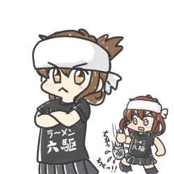 Rule 34 | 2girls, :&lt;, alternate costume, black shirt, black skirt, black thighhighs, brown eyes, brown hair, commentary request, cowboy shot, crossed arms, ferret-san, folded ponytail, headband, ikazuchi (kancolle), inazuma (kancolle), kantai collection, long hair, multiple girls, noodle strainer, pleated skirt, shirt, short hair, simple background, skirt, strainer, t-shirt, thighhighs, white background, white headband