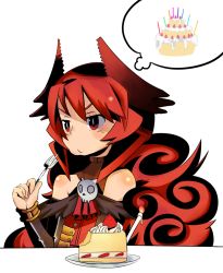 Rule 34 | 1girl, :t, birthday cake, blush, borrowed character, cake, demon girl, demon horns, eating, elbow gloves, flat chest, food, fork, gloves, horns, long hair, maou beluzel, ofly (ofly252), original, red eyes, red hair, solo, thought bubble, yuusha to maou