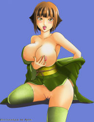 Rule 34 | 1girl, bare shoulders, blush, breasts, brown hair, creatures (company), fallen-rasul, game freak, gardenia (pokemon), gym leader, huge breasts, japanese clothes, nail polish, nintendo, nipples, no panties, open mouth, pokemon, pussy, short hair, solo, thighhighs, tongue, uncensored, undressing