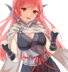 Rule 34 | 1girl, :d, arm warmers, breasts, cherche (fire emblem), cherche (ninja) (fire emblem), cleavage, elbow gloves, fingerless gloves, fire emblem, fire emblem awakening, fire emblem heroes, gloves, highres, jurge, long hair, looking at viewer, medium breasts, ninja, nintendo, official alternate costume, open mouth, pink eyes, pink hair, scarf, simple background, smile, solo, upper body, white background, white scarf, wrist guards