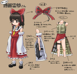 Rule 34 | 1girl, box, character sheet, chart, detached sleeves, diagram, female focus, full body, gun, hakurei reimu, imperishable night, japanese clothes, lowres, miko, multiple views, panties, simple background, standing, touhou, translation request, underwear, usatarou, weapon