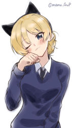 Rule 34 | 1girl, :3, animal ears, bad id, bad tumblr id, black necktie, blonde hair, blue eyes, blue sweater, braid, cat ears, closed mouth, commentary, darjeeling (girls und panzer), dress shirt, fake animal ears, girls und panzer, head tilt, highres, long sleeves, looking at viewer, mamu t7s, necktie, one-hour drawing challenge, one eye closed, paw pose, school uniform, shirt, short hair, simple background, smile, solo, st. gloriana&#039;s school uniform, sweater, twitter username, upper body, v-neck, white background, white shirt, wing collar