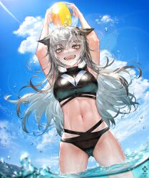 Rule 34 | 1girl, :d, a0lp, animal ears, arknights, armpits, arms up, ball, beachball, bikini, black bikini, blue sky, blush, breasts, day, gluteal fold, grey eyes, grey hair, highres, holding, holding ball, holding beachball, lappland (arknights), long hair, looking at viewer, medium breasts, navel, open mouth, outdoors, scar, scar across eye, scar on face, sky, smile, solo, stomach, swimsuit, teeth, upper teeth only, very long hair, wading, water, wolf ears