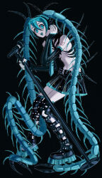 :d acet0xy aqua_hair arm_tattoo arthropod_girl belt black_background black_footwear black_skirt blue_eyes blue_nails blue_necktie boots centipede_girl elbow_gloves gloves hatsune_miku headphones highres microphone_stand monster_girl navel necktie open_mouth skirt smile standing tattoo thigh_boots vocaloid