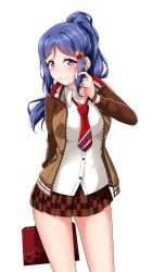 Rule 34 | 1girl, arm behind back, bag, blue hair, blush, brown jacket, brown skirt, casual, collared shirt, commentary request, gesture, hair ornament, half-closed eyes, heart, heart hair ornament, highres, jacket, jewelry, long hair, long sleeves, looking at viewer, love live!, love live! school idol festival, love live! sunshine!!, matsuura kanan, necktie, plaid, plaid skirt, pleated skirt, ponytail, purple eyes, red necktie, ring, shirt, sidelocks, simple background, skirt, smile, solo, white background, white shirt, yopparai oni