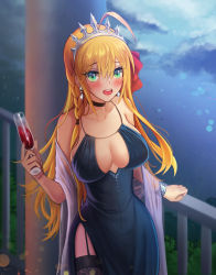 Rule 34 | 1girl, alternate costume, alternate eye color, bare shoulders, black choker, black dress, black garter straps, black thighhighs, blush, braid, breasts, choker, cleavage, cocktail dress, collarbone, column, cup, dress, drinking glass, earrings, garter straps, green eyes, hand on railing, highres, holding, holding cup, jewelry, large breasts, long hair, looking at viewer, night, night sky, open mouth, orange hair, pecorine (princess connect!), pillar, princess connect!, railing, raoul (raoul77), red wine, shawl, side braid, side slit, sky, solo, thighhighs, tiara, wine, wine glass
