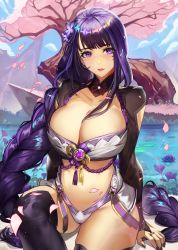 Rule 34 | 1girl, beach, bikini, braid, breasts, cherry blossoms, cleavage, genshin impact, highres, ja mong, large breasts, lips, looking at viewer, low-braided long hair, low-tied long hair, navel, outdoors, purple eyes, purple hair, purple thighhighs, raiden shogun, sitting, swimsuit, thick thighs, thighhighs, thighs