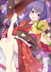 Rule 34 | 1girl, ahoge, ashino, barefoot, blush, bowl, unworn headwear, japanese clothes, kimono, light particles, light purple hair, looking at viewer, mallet, miracle mallet, needle, obi, open mouth, red eyes, sash, short hair, sky, solo, star (sky), starry sky, sukuna shinmyoumaru, thread, touhou