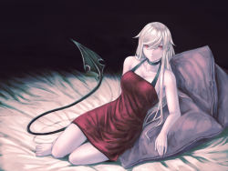 Rule 34 | 1girl, arm support, bare legs, barefoot, blonde hair, breasts, choker, cleavage, demon, demon girl, demon tail, dress, highres, large breasts, long hair, mstm, original, pillow, red eyes, sitting, solo, tail