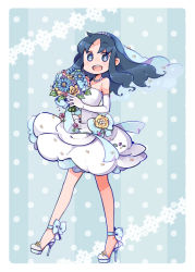Rule 34 | 10s, 1girl, alternate costume, bare shoulders, blue eyes, blue hair, bouquet, dress, elbow gloves, flower, full body, gloves, happy, heartcatch precure!, high heels, jewelry, kurumi erika, long hair, matching hair/eyes, necklace, noro (okanoro), precure, shoes, sidelocks, solo, veil, white gloves