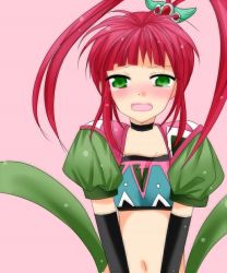 Rule 34 | 1girl, chelsea torn, choker, gloves, green eyes, hair ornament, long hair, navel, open mouth, pink background, pink hair, tales of (series), tales of destiny, tears, twintails