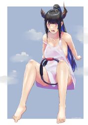 Rule 34 | 1girl, absurdres, asymmetrical horns, bare legs, barefoot, black hair, blue background, blue hair, border, breasts, breath, collarbone, colored inner hair, commentary, demon horns, english commentary, erasorpepero, exercising, exhausted, heavy breathing, highres, holoadvent, hololive, hololive english, horns, large breasts, long hair, mole, mole under eye, multicolored hair, nerissa ravencroft, no panties, no pants, off shoulder, open mouth, pink eyes, ponytail, ring fit adventure, sidelocks, signature, simple background, sitting, solo, steam, sweat, tank top, two-tone hair, uneven horns, very sweaty, virtual youtuber, white border, wide-eyed