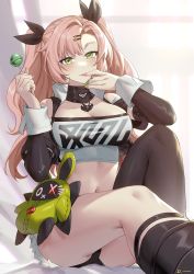 Rule 34 | 1girl, asymmetrical legwear, black ribbon, black shorts, black socks, black thighhighs, blue nails, breasts, candy, cleavage, commentary, cutoffs, food, green eyes, green nails, hair ornament, hair ribbon, hairclip, hand up, highres, holding, holding food, knee up, large breasts, linreplica, lollipop, long hair, long sleeves, looking at viewer, micro shorts, midriff, nail polish, navel, nicole demara, pink hair, pink nails, ribbon, shorts, socks, solo, stomach, strapless, thighhighs, thighs, tube top, two side up, very long hair, yellow nails, zenless zone zero
