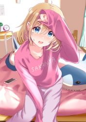 Rule 34 | 1girl, absurdres, arm over head, bed, bedside, between legs, blonde hair, blue eyes, blush, breasts, cellphone, cleavage, clock, collarbone, hair between eyes, hand between legs, head tilt, highres, indoors, long sleeves, looking at viewer, loose clothes, medium breasts, mole, mole under eye, open mouth, original, pajamas, pants, parted hair, phone, pink pajamas, short hair, siokazunoko, sitting, sleeves past wrists, solo, stuffed animal, stuffed shark, stuffed toy, sunlight, sweatdrop, tareme, waking up, wavy mouth