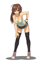 Rule 34 | 1girl, ahoge, bare shoulders, bent over, black eyes, black thighhighs, breasts, brown hair, cleavage, collarbone, cross-laced footwear, cutoffs, denim, denim shorts, female focus, full body, hand on own hip, highres, hip focus, large breasts, leaning forward, long hair, midriff, open mouth, original, ponytail, shoes, shorts, simple background, skindentation, smile, sneakers, solo, standing, striped, tank top, thighhighs, watch, yoshikawa hazure