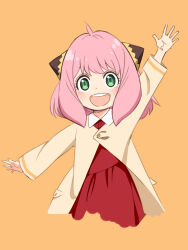 Rule 34 | 1girl, ahoge, anya (spy x family), arm up, child, coat, commentary request, cropped torso, green eyes, hairpods, hayama kazusa, highres, long sleeves, looking at viewer, medium hair, open mouth, orange background, pink hair, red shirt, red skirt, shirt, simple background, skirt, solo, spy x family, teeth, upper teeth only