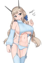 Rule 34 | 1girl, absurdres, bare shoulders, blonde hair, blue bow, blue eyes, blue sweater, blue thighhighs, bow, breasts, cleavage, closed mouth, commentary request, cowboy shot, dated, detached sleeves, highres, kantai collection, large breasts, long hair, long sleeves, looking at viewer, maru (marg0613), maryland (kancolle), meme attire, navel, one-hour drawing challenge, simple background, solo, sweater, thighhighs, twintails, twitter username, underboob, very long hair, virgin destroyer sweater, white background