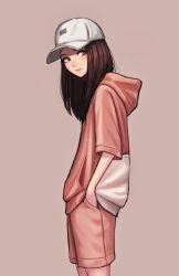 Rule 34 | 1girl, baseball cap, brown hair, closed mouth, from side, grey background, hands in pockets, hat, highres, hood, hoodie, jungon kim, long hair, looking at viewer, original, pink background, pink shorts, shorts, simple background, solo, white hat