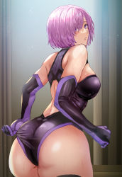 Rule 34 | 1girl, adjusting clothes, ass, bare shoulders, blush, bodysuit, breasts, daraz, elbow gloves, fate/grand order, fate (series), gloves, hair over one eye, highres, large breasts, light purple hair, looking at viewer, looking back, mash kyrielight, parted lips, pink hair, purple eyes, purple hair, short hair, solo, sweat, thighhighs