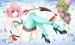 Rule 34 | 1girl, air bubble, aqua thighhighs, ass, black footwear, bow, bow bra, bra, breasts, bubble, candy, commentary request, crotch seam, demon tail, ffcreatyuuki, fish, fish request, food, green background, green panties, green thighhighs, hand on own knee, high heels, holding, holding candy, holding food, holding lollipop, invisible chair, lace, lace-trimmed bra, lace-trimmed legwear, lace trim, lamp, leaning back, legs, lingerie, lollipop, mary janes, medium breasts, medium hair, momo velia deviluke, open mouth, panties, partial commentary, pink eyes, pink hair, plant, shoes, short hair, sitting, smile, solo, sparkle, star (symbol), tail, thighhighs, to love-ru, to love-ru darkness, underwater, underwear, underwear only