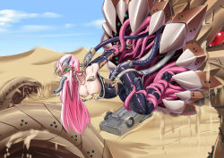 Rule 34 | 1girl, all the way through, armbinder, bdsm, bodysuit, bound, bound arms, bound legs, breasts, bzs (kage no shinobu), cable, covered eyes, desert, gimp suit, head-mounted display, highres, large breasts, latex, long hair, machine, mecha musume, mechanical parts, mechanical spine, mechanical tentacles, milking machine, monoglove, monster girl encyclopedia, motor vehicle, nail polish, open mouth, original, pink hair, pointy ears, sand, sandworm (monster girl encyclopedia), shiny clothes, solo, spread fingers, tentacles, truck