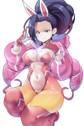 Rule 34 | 1girl, alternate costume, animal ears, black eyes, black hair, boku no hero academia, center opening, closed mouth, commentary, english commentary, fake animal ears, gloves, highres, hot vr, jacket, long sleeves, looking at viewer, medium hair, navel, patreon username, pink jacket, pixiv username, ponytail, rabbit ears, red gloves, red thighhighs, simple background, smile, solo, thighhighs, white background, yaoyorozu momo