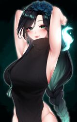 Rule 34 | 1girl, algorhythm project, armpits, arms up, black hair, black sweater, braid, breasts, charlottvtuber, evalia (algorhythm project), flower, green eyes, green hair, hair flower, hair ornament, highres, hitodama, large breasts, long hair, multicolored hair, rose, smile, solo, sweater, virtual youtuber