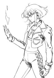 Rule 34 | 1boy, androgynous, bae (baebae), crop top, cropped jacket, earrings, fire, greyscale, highres, jewelry, lio fotia, male focus, midriff, monochrome, promare, pyrokinesis, sidelocks, solo, stitched pants, trap