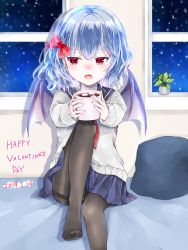 Rule 34 | 1girl, 2019, bed sheet, black pantyhose, black sailor collar, blue hair, blue skirt, bow, cup, dated, fangs, hair between eyes, hair bow, happy valentine, highres, holding, holding cup, long sleeves, looking away, miniskirt, nail polish, on bed, open mouth, pantyhose, pink nails, pleated skirt, purple wings, red bow, red eyes, remilia scarlet, sailor collar, school uniform, short hair, sitting, skirt, solo, sweater, thigh strap, touhou, white sweater, wings, yurara (aroma42enola)
