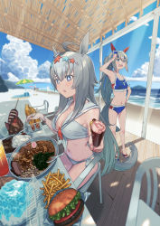 Rule 34 | + +, 4girls, adjusting goggles, ahoge, armband, beach, beach umbrella, bikini, blue eyes, bracelet, breasts, burger, chair, chopsticks, cleavage, curry, curry rice, fang, food, french fries, goggles, goggles on head, gold ship (run revolt launcher) (umamusume), gold ship (umamusume), grey hair, hairband, hand on own hip, highres, holding, holding chopsticks, holding food, horse girl, hot dog, ikayaki, jewelry, kazu no reason, large breasts, long hair, mejiro mcqueen (ripple fairlady) (umamusume), mejiro mcqueen (umamusume), multiple girls, navel, noodles, oguri cap (umamusume), open mouth, outdoors, ponytail, ramen, rice, sailor, sand, sandals, shaved ice, sitting, skewer, small breasts, smile, standing, swimsuit, table, tamamo cross (umamusume), umamusume, umbrella, water, whistle, whistle around neck, white bikini
