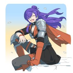 Rule 34 | 1girl, aloesirm, armor, asymmetrical clothes, breasts, cape, choker, cleavage, closed eyes, fire emblem, fire emblem: three houses, fire emblem warriors: three hopes, gloves, hair bun, hair over one eye, large breasts, long hair, looking at viewer, medium breasts, nintendo, purple hair, shez (female) (fire emblem), shez (fire emblem), simple background, single hair bun, smile, solo