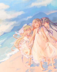 Rule 34 | 3girls, :d, bare legs, barefoot, beach, black eyes, black hair, blonde hair, blue sky, blush, breasts, bright pupils, brown hair, closed eyes, closed mouth, cloud, cloudy sky, day, dolly (toaru kagaku no railgun), dress, faux traditional media, gloves, high collar, holding, holding clothes, holding hands, kouzaku mitori, lace, lace-trimmed dress, lace trim, laughing, long hair, medium breasts, mountainous horizon, multiple girls, ocean, open mouth, outdoors, outstretched arms, painting (medium), raised eyebrow, running, sand, sandals, see-through, see-through dress, see-through silhouette, shokuhou misaki, sky, sleeveless, small breasts, smile, sparkling eyes, star-shaped pupils, star (symbol), sundress, sunlight, symbol-shaped pupils, tautiki, toaru kagaku no railgun, toaru majutsu no index, traditional media, twintails, very long hair, water, watercolor (medium), waves, white dress, white gloves, yellow eyes, yellow pupils