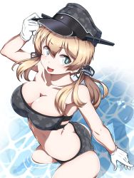Rule 34 | 1girl, 547th sy, anchor hair ornament, aqua eyes, ass, bandeau, bikini, black bikini, blonde hair, breasts, butt crack, camouflage, cleavage, commentary request, gloves, grey hat, hair ornament, hat, highres, kantai collection, large breasts, leaning forward, long hair, peaked cap, prinz eugen (kancolle), soaking feet, solo, standing, strapless, strapless bikini, swimsuit, twintails, wading, water, white gloves