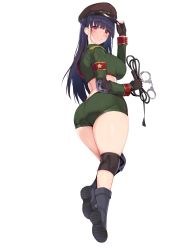 Rule 34 | 1girl, absurdres, ass, black hair, blue gk, blush, boots, breasts, brown gloves, cropped jacket, cuffs, elbow pads, fingerless gloves, gloves, green jacket, green shorts, hat, highres, jacket, large breasts, long hair, looking at viewer, looking back, peaked cap, purple eyes, same ningen, short shorts, shorts, simple background, smile, sofia (same ningen), transparent background, whip, white background